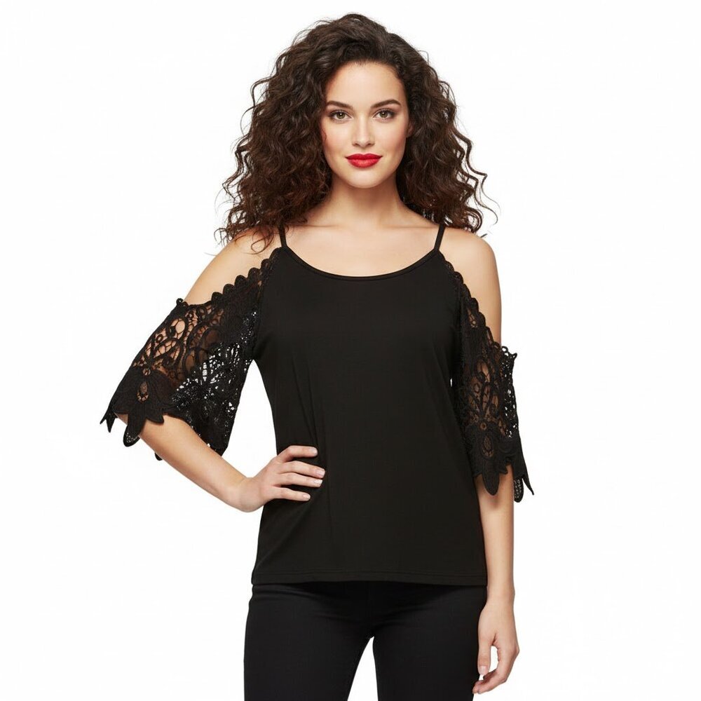 Black Cold Shoulder Lace Top w/ Lace